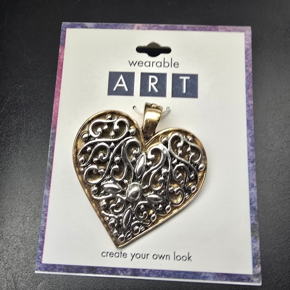 Two Tone Scroll Work Heart Pendant NWT Wearable Art